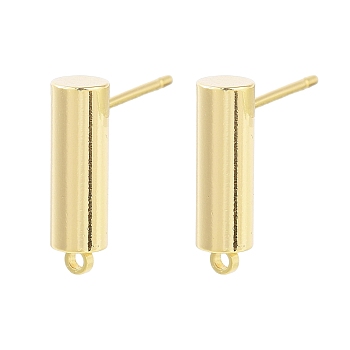 Brass Stud Earrings Findings, Column, Real 18K Gold Plated, 14x4mm, Hole: 1.2mm, Pin: 11.5x0.8mm