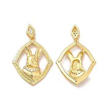 Rack Plating Eco-Friendly Brass Micro Pave Cubic Zirconia Pendants, Long-Lasting Plated, Lead Free & Cadmium Free, Rhombus with Rabbit Charm, Real 18K Gold Plated, 29x23x5.5mm, Hole: 7x2mm