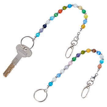 2Pcs Cat Eye Beads Keychain, with Iron Swivel Snap Hooks Clasps and Ring, Mixed Color, 280mm