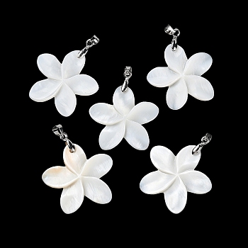 Natural Freshwater Shell Pendants, Flower Charms with Platinum Plated Brass Pinch Bails, White, 29x30x3mm, Hole: 4.5x4mm