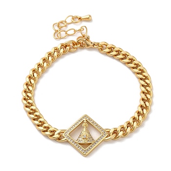 Brass Micro Pave Clear Cubic Zirconia Cuban Link Chains Bracelets, Nossa Senhora Aparecida Link Bracelets for Women, Real 16K Gold Plated, Rhombus, 7 inch(17.8cm), Rhombus: 21.5x21.5x5mm