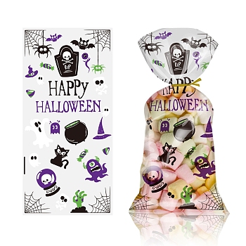 50Pcs Transparent Plastic Halloween Candy Bag, Halloween Treat Gift Bag Party Favors, Rectangle with Skull Pattern, Purple, 27x13x0.01cm