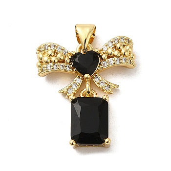 Rack Plating Brass Micro Pave Cubic Zirconia Pendants, Cadmium Free & Lead Free, Long-Lasting Plated, Real 18K Gold Plated, Bowknot with Rectangle, Black, 22x19x4.5mm, Hole: 5x3.5mm