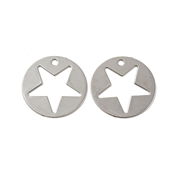 Brass Etched Metal Embellishments Pendants, Long-Lasting Plated, Flat Round with Star, Platinum, 18x0.3mm, Hole: 1.6mm