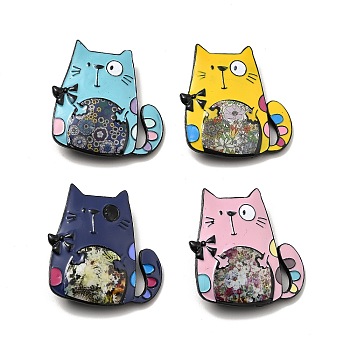 Alloy Enamel Brooches, Cadmium Free & Lead Free, Cat, Mixed Color, 44x41.5x2.5mm, Pin: 0.7mm