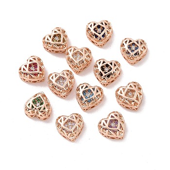 Eco-friendly Brass Cubic Zirconia Multi-Strand Links, Nickel Free, Cadmium Free & Lead Free, Heart, Rose Gold, Mixed Color, 10x10.5x5.5mm, Hole: 1.2mm