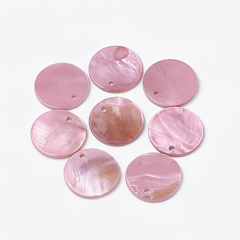 Freshwater Shell Pendants, Dyed, Flat Round, Flamingo, 16x1.5~2mm, Hole: 1.4mm