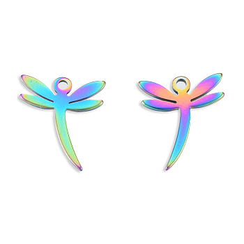 Ion Plating(IP) 201 Stainless Steel Charms, Dragonfly, Rainbow Color, 12.5x11x1mm, Hole: 1.5mm