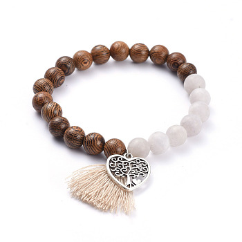 Natural White Jade(Dyed) Beads Stretch Charm Bracelets, with Cotton Thread Tassel, Natural Wood Beads and Heart with Tree Alloy Pendants, Gainsboro, Inner Diameter: 2-1/8 inch(5.3cm)