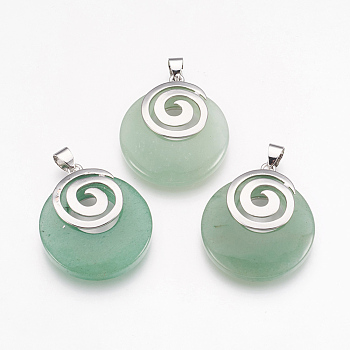Natural Green Aventurine Pendants, with Platinum Tone Brass Findings, Flat Round, 32x28x6mm, Hole: 4x5mm