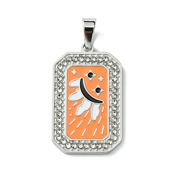 Ion Plating(IP) 304 Stainless Steel Pendants, with Enamel and Rhinestone, Rectangle with Tarot Charm, Stainless Steel Color, Orange, 32x19.5x2mm, Hole: 6.5x4mm