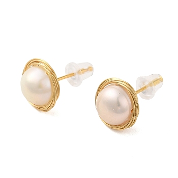 Sterling Silver Studs Earrings, with Natural Pearl,  Jewely for Women, Round, Real 18K Gold Plated, 22x10mm
