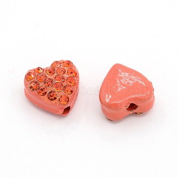 Heart Alloy Light Siam Rhinestone Beads, Red, 10x10x6mm, Hole: 2mm(RB-J519-05)