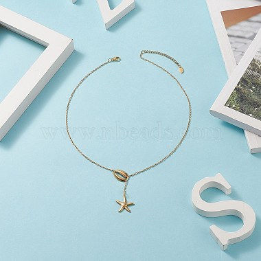 304 Stainless Steel Shell with Star Pendant Lariat Necklace for Women(NJEW-JN04208-01)-2