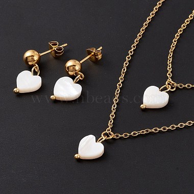Synthetic Shell Heart Pendant Double Layer Necklaces and Dangle Stud Earrings(SJEW-F217-05B-G)-3