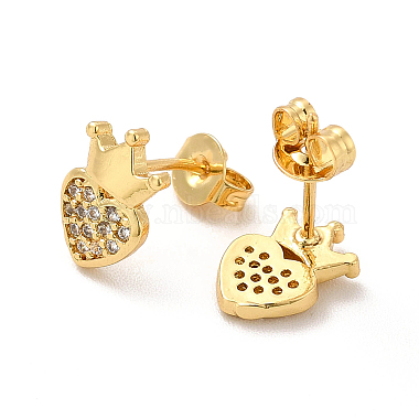 Rack Plating Brass Micro Pave Clear Cubic Zirconia Heart with Crown Ear Studs(EJEW-F301-03)-3