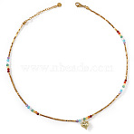 Rainbow Glass & Natural Stone & Brass Beaded Metal Heart Pendant Necklaces for Beach Vacation Accessories, Colorful, Real 14K Gold Plated, 17.72 inch(45cm)(TH6527-2)