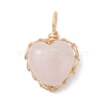 Natural Rose Quartz Pendants, Heart Charms with Copper Wire Wrapped, Golden, 17.5x12x6mm, Hole: 3.5mm(PALLOY-JF04775-01)