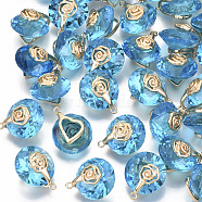 Valentine's Day Glass Pendants, with Light Gold Plated Brass Ice Pick Pinch Bails, Faceted, Flat Round with Rose & Heart, Deep Sky Blue, 17~18x14x10mm, Hole: 1.2mm(X-GLAA-N038-003C)