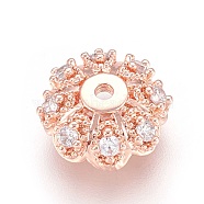 Multi-Petal Brass Micro Pave Cubic Zirconia Fancy Bead Caps, Flower, Clear, Real Rose Gold Plated, 10x4mm, Hole: 1.2mm(X-ZIRC-F088-038RG)