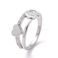 Crystal Rhinestone Heart Finger Ring, 304 Stainless Steel Jewelry for Women, Stainless Steel Color, US Size 6~9(16.5~18.9mm)(RJEW-D120-03P)