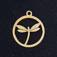 201 Stainless Steel Pendants, Circle with Dragonfly, Hollow, Golden, 17.5x15x1mm, Hole: 1.5mm(STAS-S105-JN368-2)