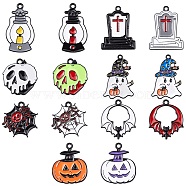 14Pcs 14 Style Halloween Theme Rack Plating Spray Painted Alloy Enamel Pendants, Bat/Ghost/Paraffin Lamp/Tomb/Spider Web/Pumpkin, Mixed Color, 19~28.5x16.5~23x1~3mm, Hole: 1.4~1.8mm, 1pc/style(ENAM-YW0003-84)