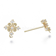 Brass Micro Pave Cubic Zirconia Stud Earring Settings, for Enamel, with Loop, Nickel Free, Flower, Clear, Real 18K Gold Plated, 11x9~10mm, Hole: 1mm, Pin: 0.8mm(KK-N232-39-NF)