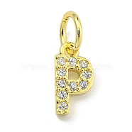 Letter Brass Micro Pave Clear Cubic Zirconia Pendants, Jump Ring, Real 18K Gold Plated, Letter P, 8.9x4.5x1.8mm, Jump Ring: 5x0.9mm, Hole: 3.5mm(KK-K354-06G-P)