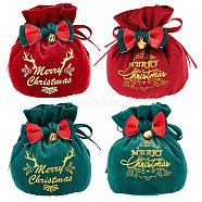 4Pcs 4 Styles Christmas Velvet Candy Apple Bags, Gold Stamping Word Merry Christmas Drawstring Pouches with Bowknot, for Gift Wrapping, Green & Red, Christmas Tree & Reindeer & Word Pattern, Mixed Patterns, 16x17.5cm, 1pc/style(TP-BC0001-06)