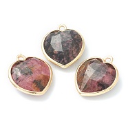 Natural Rhodonite Pendants, with Golden Brass Edge, Faceted, Heart, 19x16.5x6~6.5mm, Hole: 1.6mm(G-B009-03G-F)