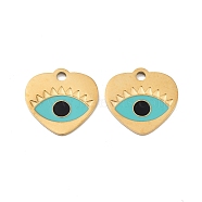 Ion Plating(IP) 316 Surgical Stainless Steel Charms, Nickel Free, with Enamel, Heart with Eye Charm, Real 18K Gold Plated, Dark Turquoise, 14x15x1mm, Hole: 1.8mm(STAS-U014-50G)