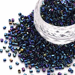 Glass Bugle Beads, Metallic Colours, Marine Blue, 2.5~3x2mm, Hole: 0.9mm, about 15000pcs/pound(SEED-S032-13A-604)