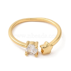 Rack Plating Brass Star Solitaire Ring, Cuff Ring with Clear Cubic Zirconia, Golden, Inner Diameter: 16mm(RJEW-Z014-03G)