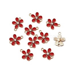 Zinc Alloy Enamel Links Connectors, with Crystal Rhinestones, Golden, Flower, FireBrick, 15.5x19.5x3mm, Hole: 2mm(ENAM-WH0054-33B)