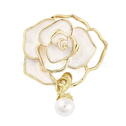 Alloy & Plastic Pearl Brooch, Flower Enamel Pins for Women, White, 34x42mm(JEWB-M045-01LG-A)