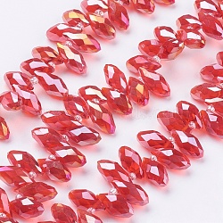 Electroplate Glass Faceted Teardrop Beads Strands, Top Drilled Beads, AB Color Plated, Crimson, 11.5~13x6mm, Hole: 1mm, about 100pcs/strand, 16.5 inch(X-EGLA-D014-16)