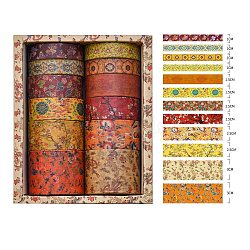 12 Rolls Chinese Style Floral Paper Decorative Paper Tapes Set, Adhesive Tapes, for DIY Scrapbooking Supplie Gift Decoration, Mixed Color, 10~30x0.2mm, 2m/roll(STIC-H002-02A)