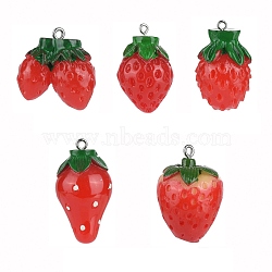25Pcs 5 Sizes Resin Strawberry Pendants, with Platinum Tone Iron Loops, Imitation Food, Red, 25~36x19~25mm, Hole: 2mm, 5pcs/size, 25pcs/box(RESI-ZZ0001-06)