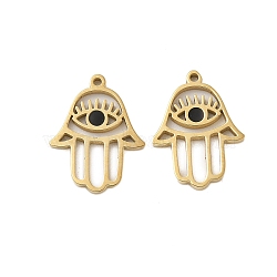 304 Stainless Steel Charms, with Enamel, Hamsa Hand with Eye Charms, Real 14K Gold Plated, Black, 15x11.5x1mm, Hole: 0.8mm(STAS-L022-458G)