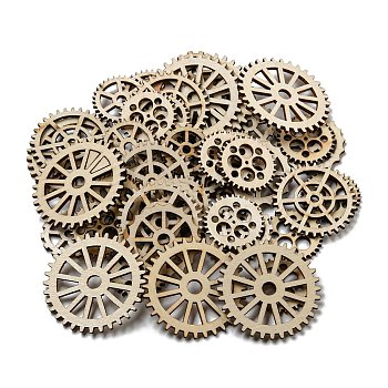 Undyed Wood Steampunk Pendants, Gear Charms, Antique White, 27~50x2.5mm, Hole: 3~7mm, 50pcs/set