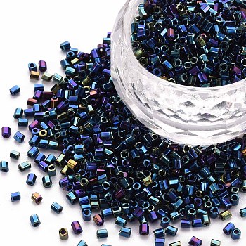 Glass Bugle Beads, Metallic Colours, Marine Blue, 2.5~3x2mm, Hole: 0.9mm, about 15000pcs/pound