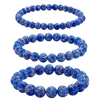 3Pcs 3 Size Synthetic Imperial Jasper Round Beaded Stretch Bracelets Set, Gemstone Jewelry for Women, Marine Blue, Inner Diameter: 2-1/8 inch(5.5cm), Beads: 6~10mm, 1Pc/size