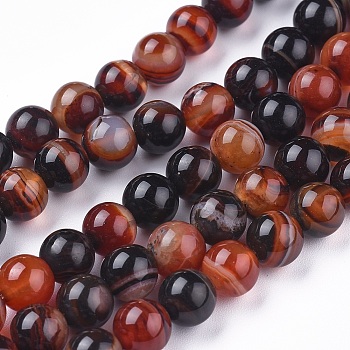 Natural Striped Agate/Banded Agate Beads Strands, Dyed & Heated, Round, Coconut Brown, 8mm, Hole: 1.4mm, about 50pcs/strand, 15.75 inch(40cm)