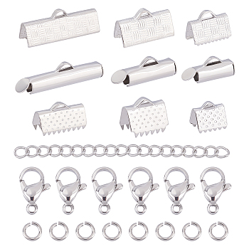 CHGCRAFT DIY Jewelry Making Finding Kit, Including 304 Stainless Steel Slider End Caps & Ribbon Crimp Ends & End Chains & Lobster Claw Clasps & Open Jump Rings, Stainless Steel Color, 350Pcs/set