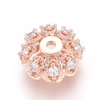 Multi-Petal Brass Micro Pave Cubic Zirconia Fancy Bead Caps, Flower, Clear, Real Rose Gold Plated, 10x4mm, Hole: 1.2mm