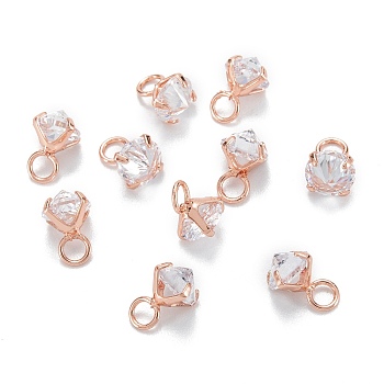 Brass Clear Cubic Zirconia Charms, Long-Lasting Plated, Diamond, Rose Gold, 7.5x5.5x5.5mm, Hole: 2mm