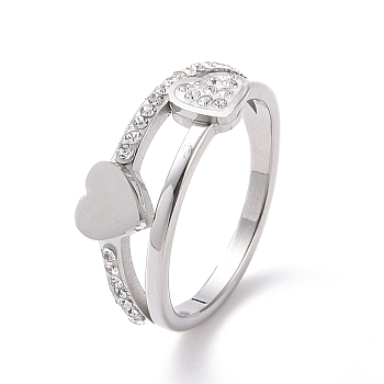 Crystal Rhinestone Heart Finger Ring, 304 Stainless Steel Jewelry for Women, Stainless Steel Color, US Size 6~9(16.5~18.9mm)