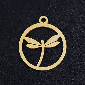 201 Stainless Steel Pendants, Circle with Dragonfly, Hollow, Golden, 17.5x15x1mm, Hole: 1.5mm