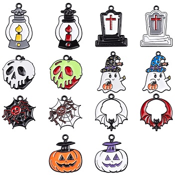 14Pcs 14 Style Halloween Theme Rack Plating Spray Painted Alloy Enamel Pendants, Bat/Ghost/Paraffin Lamp/Tomb/Spider Web/Pumpkin, Mixed Color, 19~28.5x16.5~23x1~3mm, Hole: 1.4~1.8mm, 1pc/style